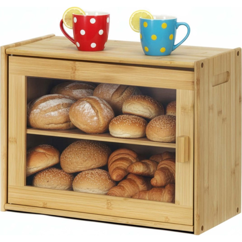 Springos Two-tier bread bin, bread storage container, kitchen bread cabinet, bamboo