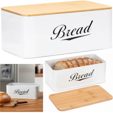 Springos Metal bread bin 33x18x14 cm, closed bread container, bamboo board, white