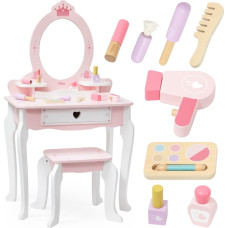 Viga stort sminkbord i trä i vit och rosa med spegel och stol