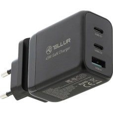 Tellur GaN 65W 3-port wall charger, 2xUSB-C + USB-A, EU,UK,US, black