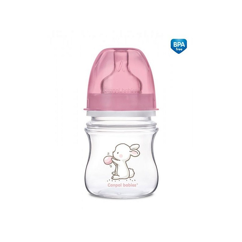 CANPOL BABIES EasyStart Little Cutie PP pudelīte 120ml ar platu kaklu un silikona knupīti 0m+, 35/218 rozā