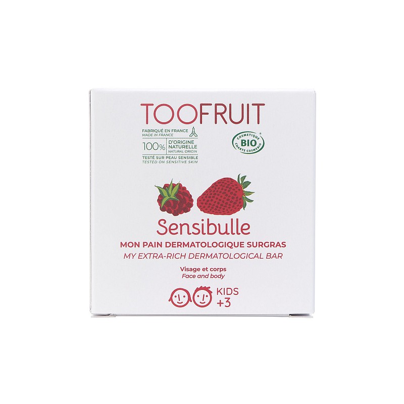 TOOFRUIT Sensibulle organiskās ziepes bez ziepēm ķermeņa un sejas mazgāšanai bērniem ar aveņu-zemeņu smaržu 85 gr PF023