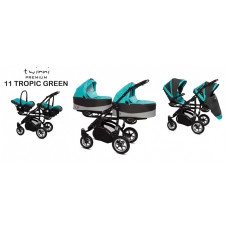 BABYACTIVE TWINNY PREMIUM dvīņu rati 3in1 TROPIC GREEN, 11 melns rāmis