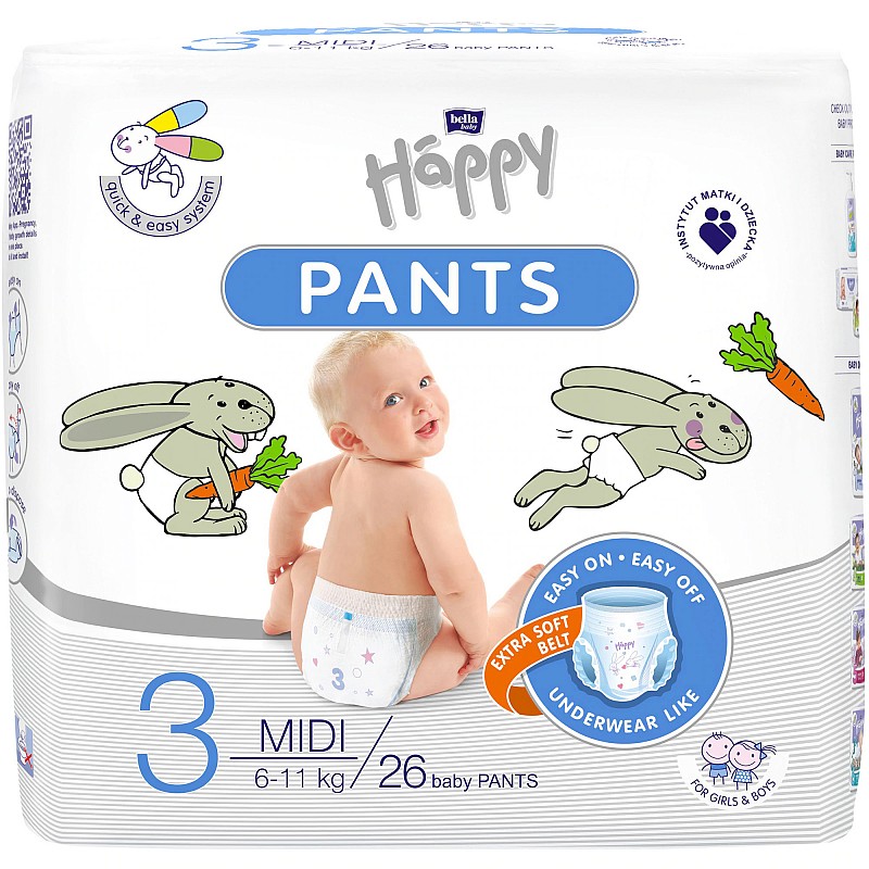 HAPPY Pants Midi autiņbiksītes 3 izmērs 6-11kg. 26gab.