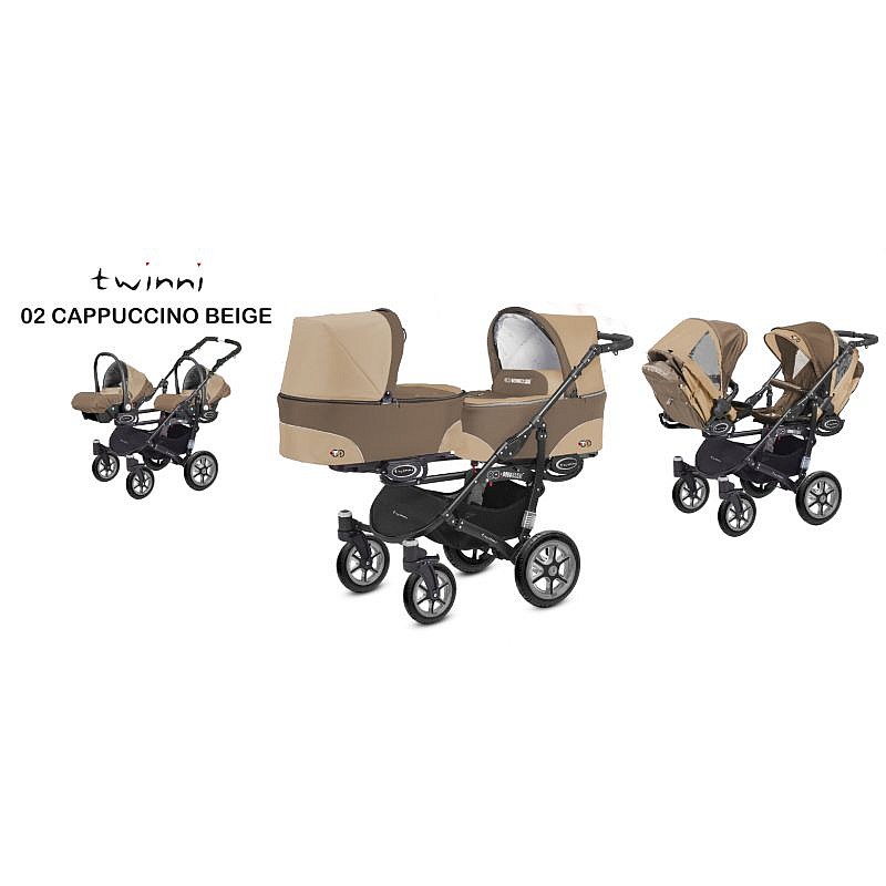 BABYACTIVE TWINNY CLASSIC dvīņu rati 3in1 Cappuccino - 02 brūns/bēšs un melns rāmis