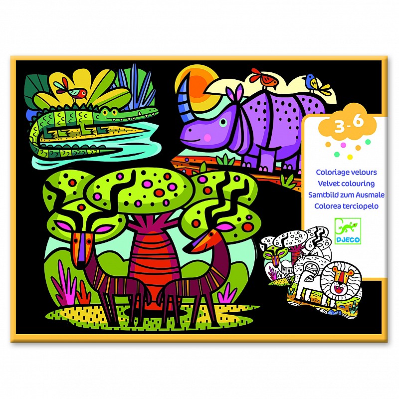 DJECO Izkrāsojamās samta bildītes - Savannas dzīvnieki, DJ09622