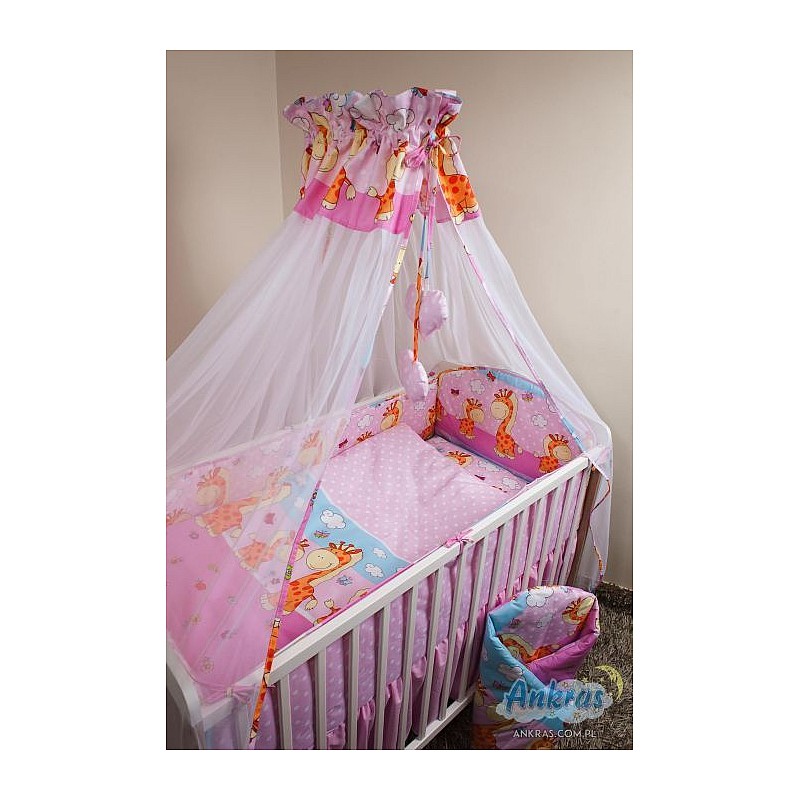 ANKRAS GIRAFFE - DOTS Gultas veļas komplekts no 6 daļām 120x90/180cm - rozā