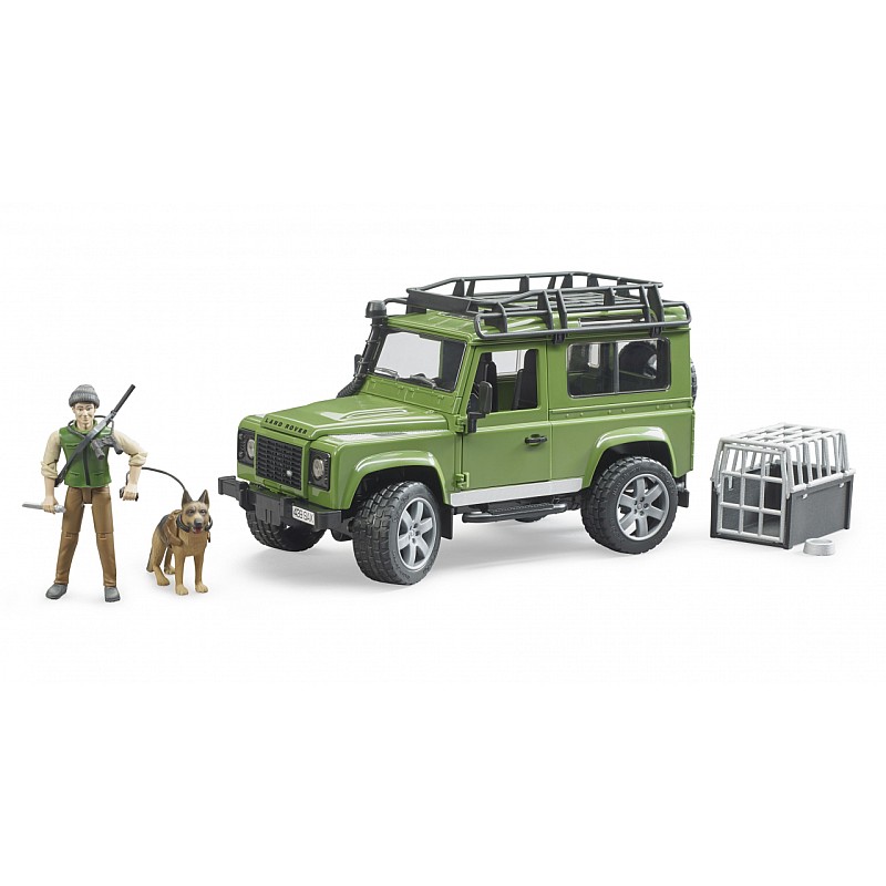 BRUDER Land Rover Defender universālis ar mežsargu un suni, 02587