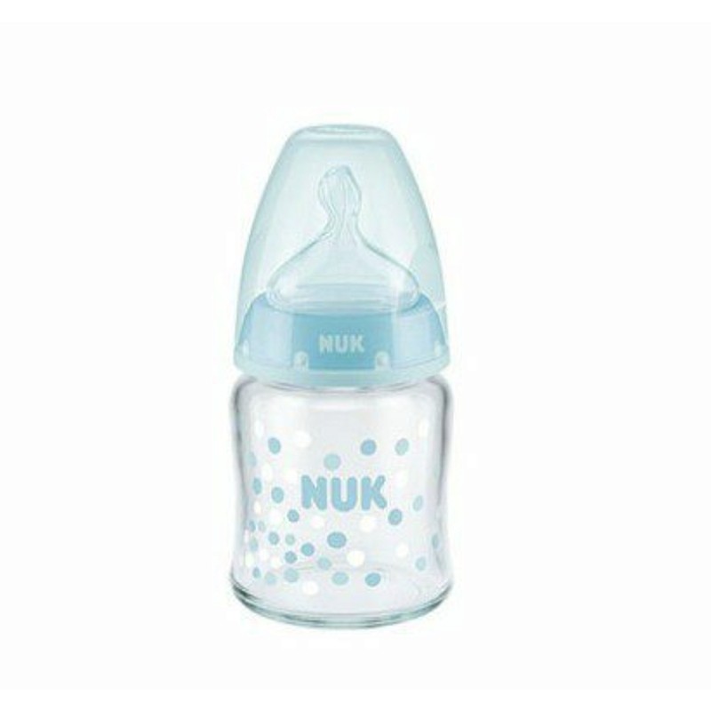 NUK NUK First Choice Plus Stikla pudele 120ml ar silikona knupīti 0-6mēn. SK45 10747092 tirkīza punktiņi IZPĀRDOŠANA